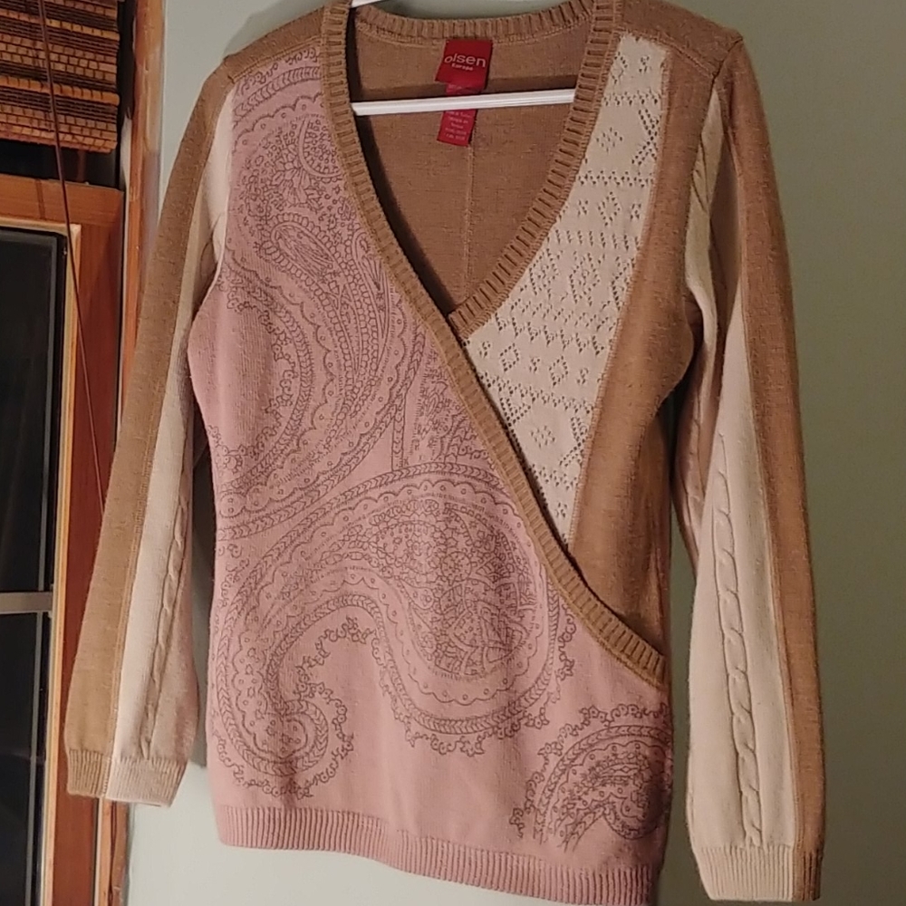 Olsen merino wool cable-knit jacquard sweater